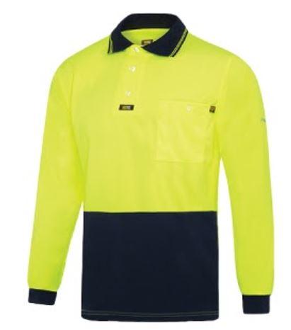 Hi Vis Cotton Back L/S Polo Shirt - Lime/Navy