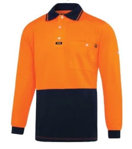 Hi Vis Cotton Back L/S Polo Shirt -  Orange/Navy